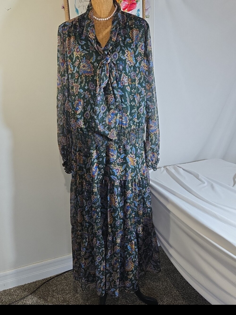 Women's Floral Tie-Neck Maxi Dress - Dark Green
